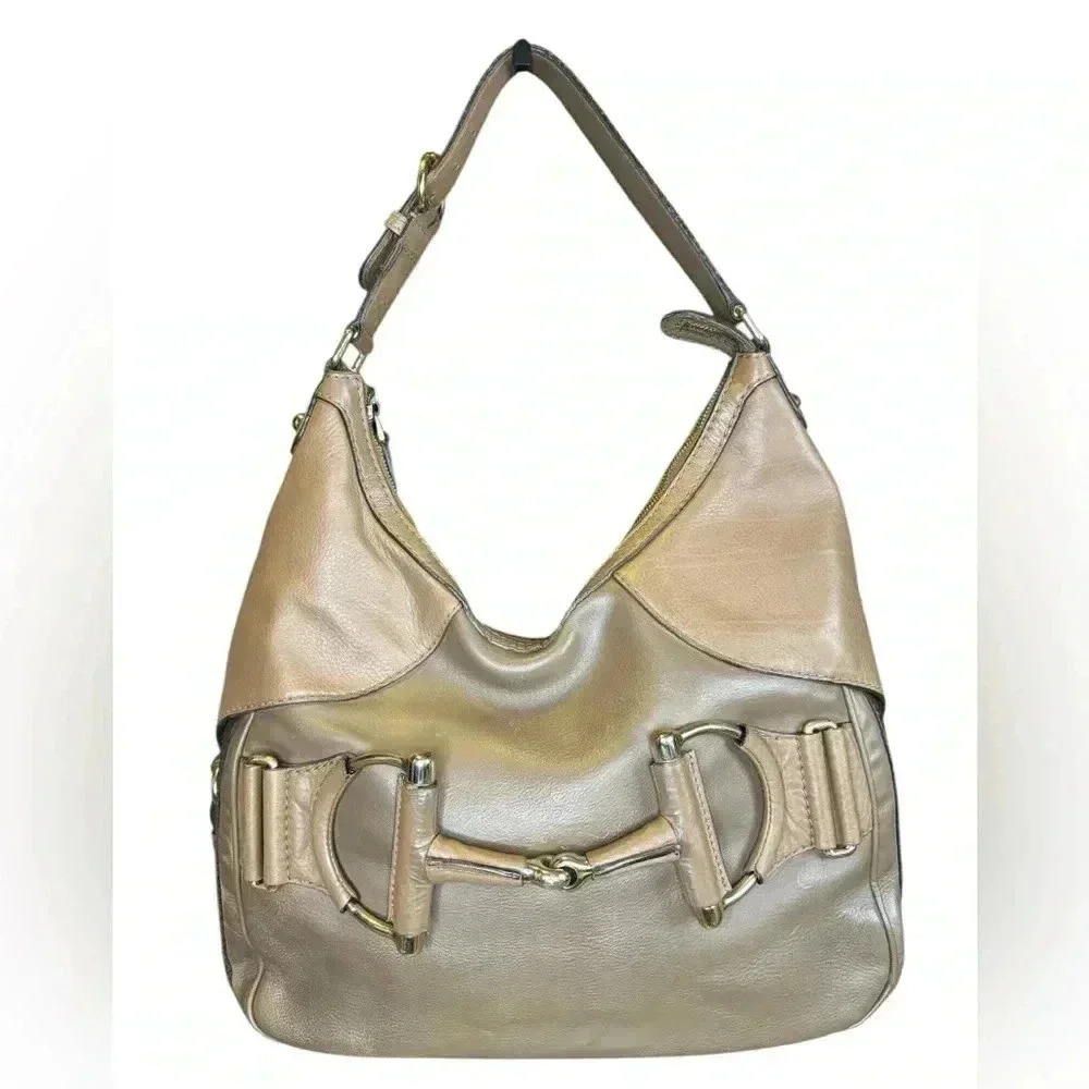 Gucci Light Brown Leather Heritage Stripe Horsebit Hobo Shoulder Bag.